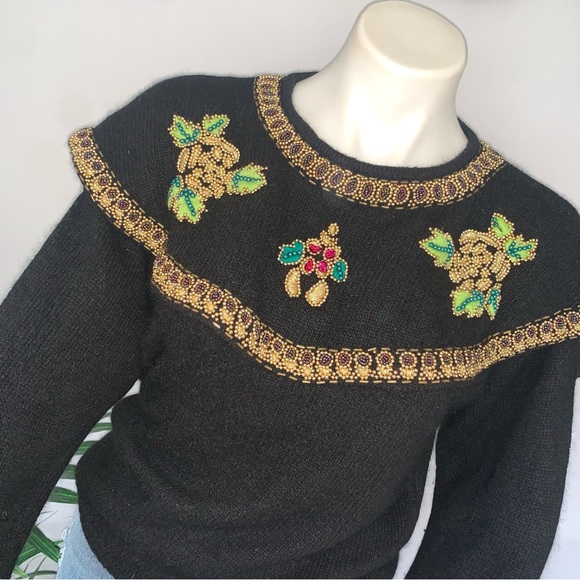 v i n t a g e :: Silk Angora Pearl Embroidered Knit Holiday Sweater - Picture 12 of 13